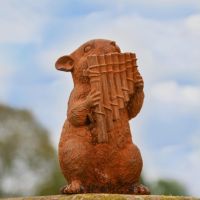 Rustic Cast Iron Chipmunk with Panpipes Sculpture 