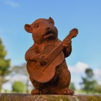 Rustic Cast Iron Chipmunk Playing Guitar Sculpture in Garden