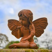 Rustic Cast Iron Fairy with Flower Sculpture
