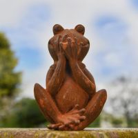Rustic Cast Iron "Speak No Evil" Frog Sculpture in Situ
