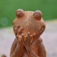 Close-Up of Rustic Cast Iron "Speak No Evil" Frog Sculpture