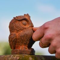 Side view of Rustic Great Horned Owl Sculpture 