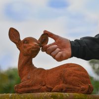 Rustic Cast Iron Sitting Deer Sculpture - Facing Left to Scale