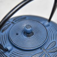 Close-Up of Dark Blue "Dragonfly" Cast Iron Teapot in Situ with Closed Lid