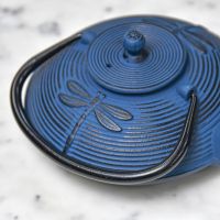 Dark Blue "Dragonfly" Cast Iron Japanese Teapot in Situ