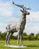 "Zekin" Lead Finished Cast Iron Stag Sculpture - Facing Forward In Situ