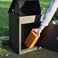 Lockable Front in Use on Deluxe Black Bexley Free Standing Parcel Box