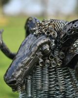 Close-Up of Facial Features on Recycled Ram Garden Sculpture