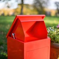 Opening Lid in Situ on Deluxe Red Bexley Free Standing Parcel Box