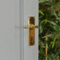 Brass Victorian Curved Handle Deluxe on an Open Grey Door