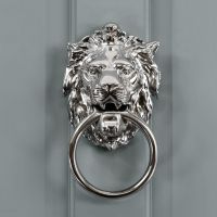 Large Lion head ascot lion door knocker with ring on grey door
