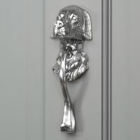Bright Chrome Dog Door Knocker on Grey door