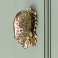 Polished Brass quirky hedgehog door knocker on pale green front door.