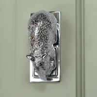 Bright Chrome Mouse Door Knocker on Green door
