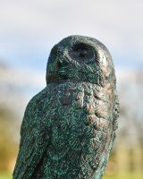 Close up of Verdigris Finish Cast Aluminium Owl Sculpture