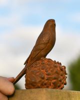 Rustic Cast Iron "Bird On Pinecone" Garden Sculpture 