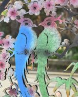 Steel Cherry Blossom And Birds Mirrored Wall Art close up details of birds and cherry blossom