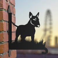 English bull terrier hanging basket bracket in the city