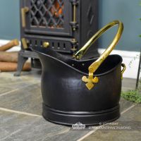 Polished Brass & Black Iron Traditional Coal Bucket in Situ Next to the Fireplace