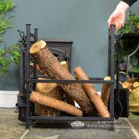 Log Basket with Fireside Tools to Scale