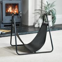 Black Leather & Steel Log Holder without Logs 