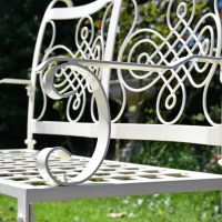 Cream Wrought Iron Garden Bench Scrolled Armrests