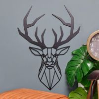 Geometric Stag Steel Wall Art in Situ on a Blue Wall in the Home