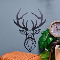 Geometric Stag Wall Art Finished in Black in Situ on a Blue Wall