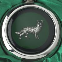 Close-up of the German Shepherd on the Whiskey Flask