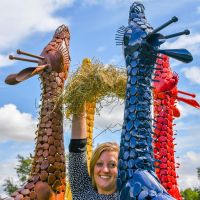 Close up of colourful giraffe sculptures