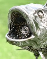 Close up of Recycled Metal Grouper Sculpture mouth