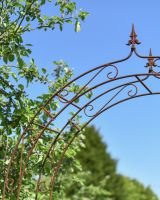 Close up of ornate scrollwork detail on garden arch
