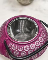 Close-Up of Tea Infuser on Japanese Inspired "Boysenberry" Purple & Silver Cast Iron Teapot