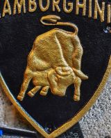 Close up of "Lamborghini" Cast Iron Automobilia Reproduction Sign finish