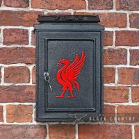 Front View of the Red "Liver Bird" Wall Mounted Post Box Finished in Black