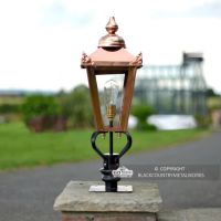 Copper Victorian Pillar Light and Lantern Set in Situ on a Brick Wall