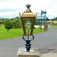 Brass Gothic Pillar Light and Lantern Set in Situ on a Drive Way