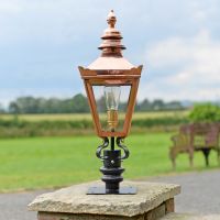 Copper Harrogate Pillar Light and Lantern Set in Situ on a Brick Pillar