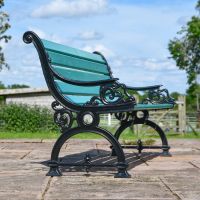 Side view of Ornate Scroll Design Garden Green Bench 
