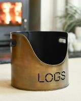 "LOGS" Log & Kindling Holder In Antique Brushed Gold Empty