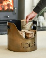 Scale Shot Of "LOGS" Log & Kindling Holder In Antique Brushed Gold