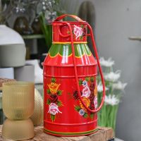 Medium Red Narrow Boat Milk Churn in Situ