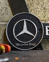Close up of Mercedes Benz Parking Vintage Style Cast Iron Sign finish