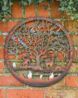 Multi-Coloured Circular "Floral Tree and Stags" Garden Wall Art - 40cm