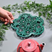 Cast Iron Flower Petal Trivet in Green to Scale