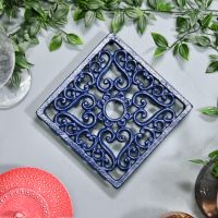 Blue Cast Iron Square Trivet in Situ