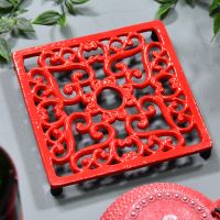 Red Cast Iron Square Trivet in Situ