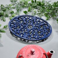 Blue Cast Iron Oval Trivet with Teapot