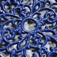 Blue Cast Iron Oval Trivet Close-Up