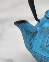 Close up of "Oketo" Lotus Flower Blue and Black Cast Iron Japanese Style Teapot spout